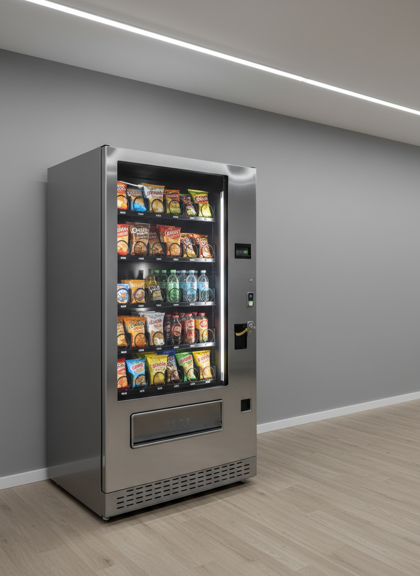 A modern vending machine with a sleek brushed stainless-steel exterior and a clear, spotless glass front filled with neatly arranged snacks and beverages, each label facing forward. The machine stands alone in a clean, well-lit hallway with neutral gray walls and a polished light-wood floor, emphasizing professionalism and order. Soft, even overhead LED lighting creates minimal reflections on the glass while casting gentle, precise shadows along the floor. Photographed at eye level with sharp focus throughout, the composition uses the rule of thirds to place the machine slightly off-center. The mood is trustworthy and businesslike, conveying reliability and efficiency, rendered in photographic realism with a clean, modern aesthetic suitable for a professional local vending service.