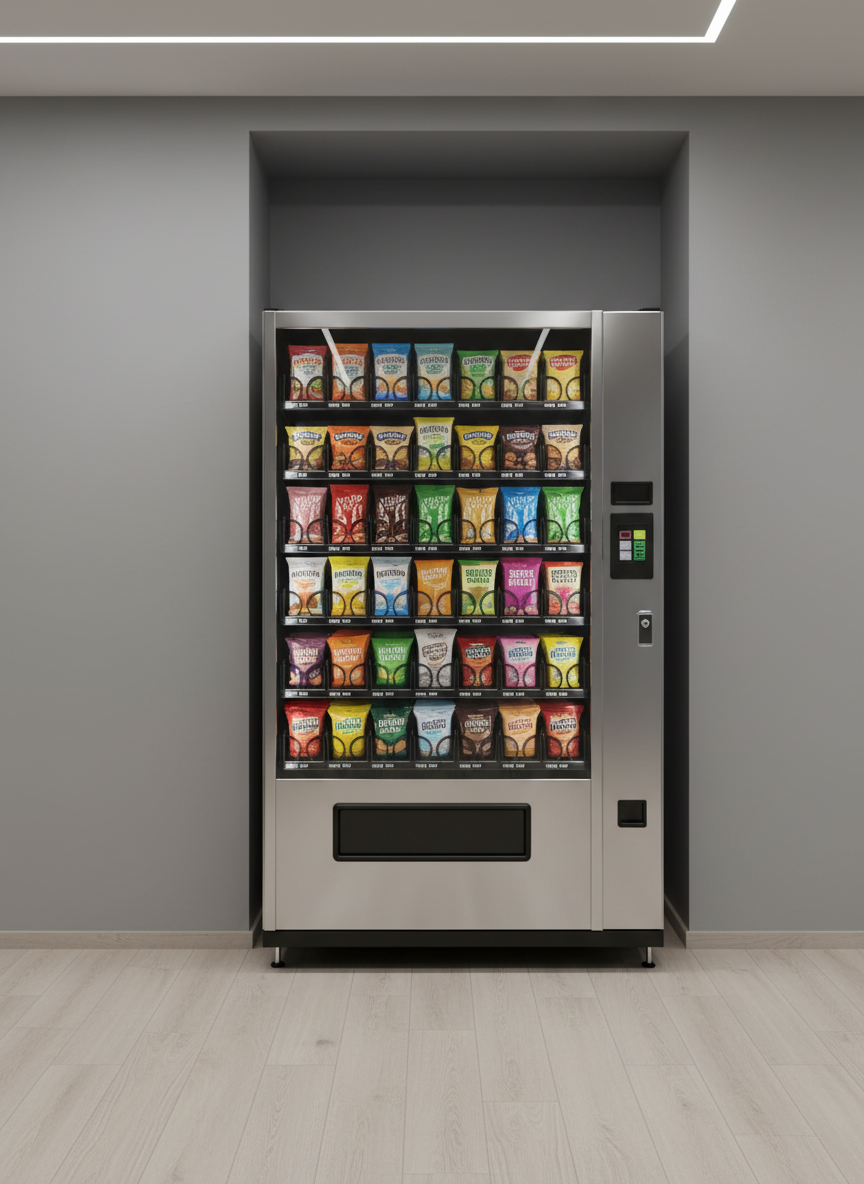 A modern vending machine with a sleek brushed stainless-steel exterior and a clear, spotless glass front filled with neatly arranged snacks and beverages, each label facing forward. The machine stands alone in a clean, well-lit hallway with neutral gray walls and a polished light-wood floor, emphasizing professionalism and order. Soft, even overhead LED lighting creates minimal reflections on the glass while casting gentle, precise shadows along the floor. Photographed at eye level with sharp focus throughout, the composition uses the rule of thirds to place the machine slightly off-center. The mood is trustworthy and businesslike, conveying reliability and efficiency, rendered in photographic realism with a clean, modern aesthetic suitable for a professional local vending service.
