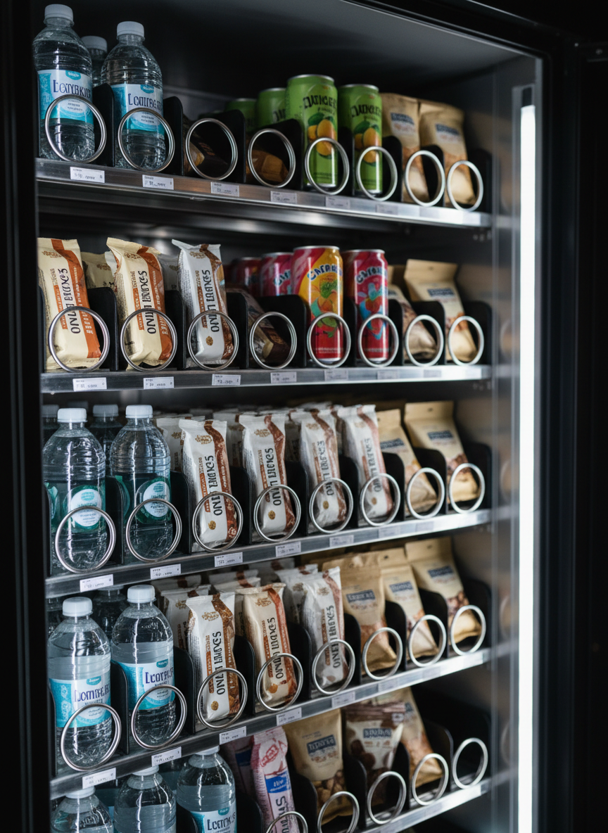 A close, photographic detail of a vending machine’s interior shelves, shot through the open glass door, revealing meticulously arranged rows of snacks and drinks. Each spiral coil is clean and polished, holding items with labels perfectly aligned, from sparkling water bottles to neatly wrapped granola bars. The stainless-steel shelf edges catch soft, cool LED lighting from inside the machine, creating subtle highlights and gentle reflections on the packaging. The background is intentionally darkened, isolating the bright, organized products. Captured with a shallow depth of field and a slight diagonal composition, the front row is in razor-sharp focus while the back rows softly blur, emphasizing abundance and care. The atmosphere is orderly, hygienic, and reassuring, reflecting the precision and pride of a local, family-run vending service.