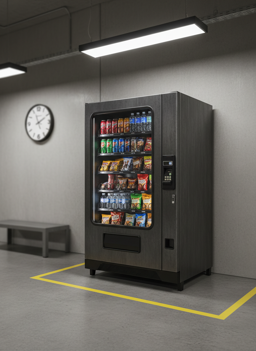 An industrial-style warehouse or manufacturing break area showcasing a rugged vending machine with a durable, dark metal casing and reinforced glass front, stocked with energy drinks, water, and hearty snacks. The machine stands against a smooth, concrete wall, with neatly painted yellow safety lines visible on the polished concrete floor. Overhead fluorescent fixtures cast bright, even light, creating defined but controlled shadows around the base of the machine and emphasizing its sturdy construction. Photographed at an eye-level, slightly wide angle, the image captures nearby elements like a simple metal bench and a wall-mounted clock in soft focus, adding context without distraction. The mood is dependable and practical, conveying a sense of reliability and 24/7 availability, with photographic realism and a no-nonsense, professional aesthetic ideal for industrial clients.