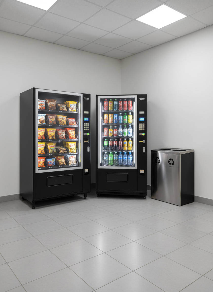 A well-organized office breakroom corner featuring a pair of matching vending machines, one for snacks and one for cold beverages, each with a uniform black-and-silver design and clear, bright product displays. They stand against a smooth white wall beside a small waste and recycling station, on a spotless light-gray tile floor. Overhead panel lighting provides consistent, neutral illumination, creating soft shadows and subtle reflections on the glass doors. Shot from a slightly elevated, wide-angle perspective, the image shows both machines and their surroundings in sharp detail, conveying a sense of order and accessibility. The mood is calm, efficient, and welcoming, with photographic realism and a clean, corporate aesthetic that illustrates how a family-run vending service can seamlessly integrate into a professional workplace.