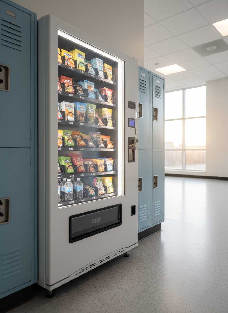 A compact vending machine with a glossy white exterior and clear, well-lit product window installed in a bright, tidy school hallway. Colorful but neatly aligned healthy snack options and bottled waters are visible behind the glass, with prices clearly displayed on a slim digital strip. The machine is positioned between two smooth, pale-blue lockers on a spotless, speckled linoleum floor. Large windows at the end of the corridor allow soft afternoon sunlight to stream in, mingling with gentle overhead lighting to create a balanced, inviting glow. Captured from a low, three-quarter angle with moderate depth of field, the machine feels approachable and student-friendly. The atmosphere is safe, organized, and community-oriented, rendered in photographic realism to highlight a local, family-run vending provider’s attention to detail.